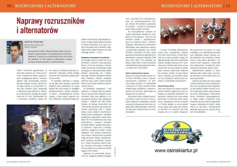 Artykuł w magazynie Autonaprawa grudzień 2013, Alternatory i Rozruszniki Osiński